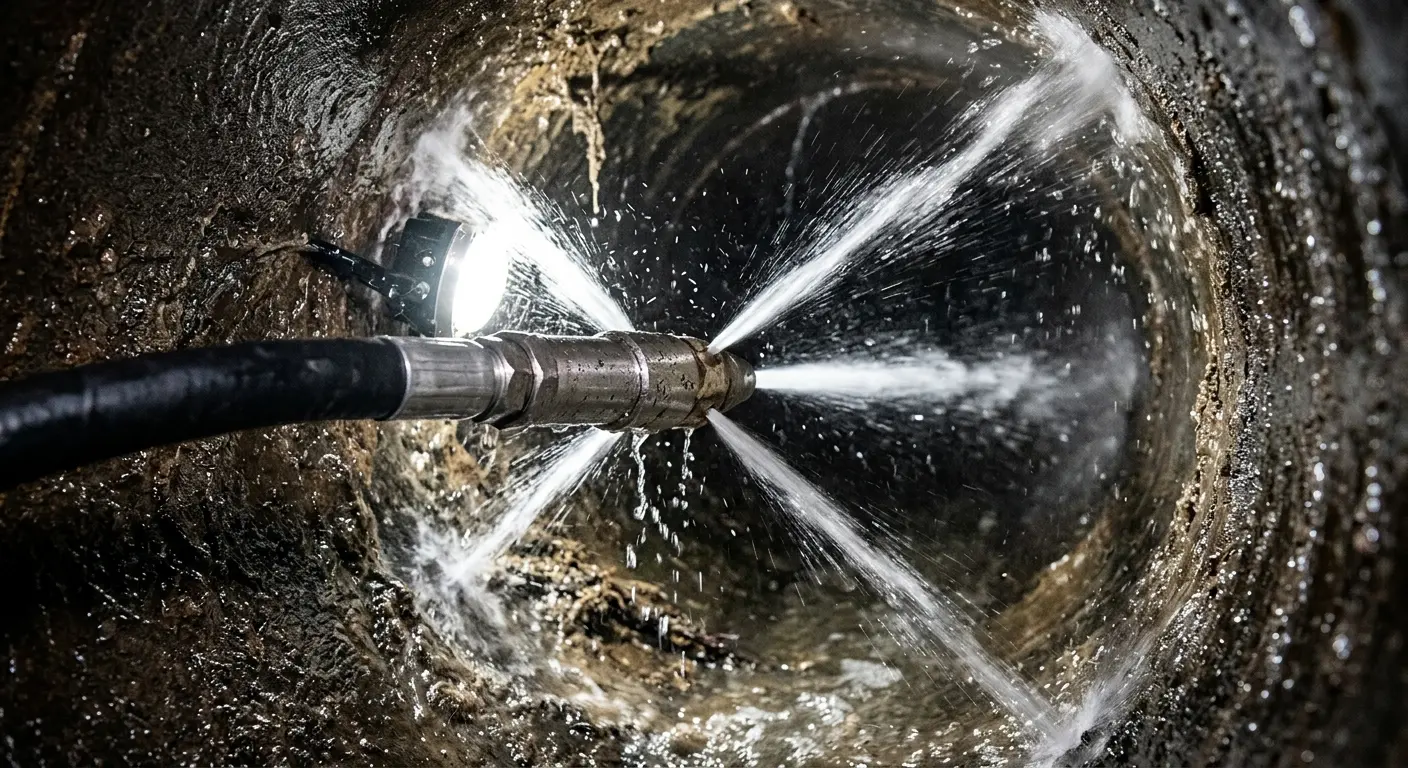 High-pressure hydro jetting nozzle cleaning sewer pipe for Emergency Drain Service in Sea Cliff