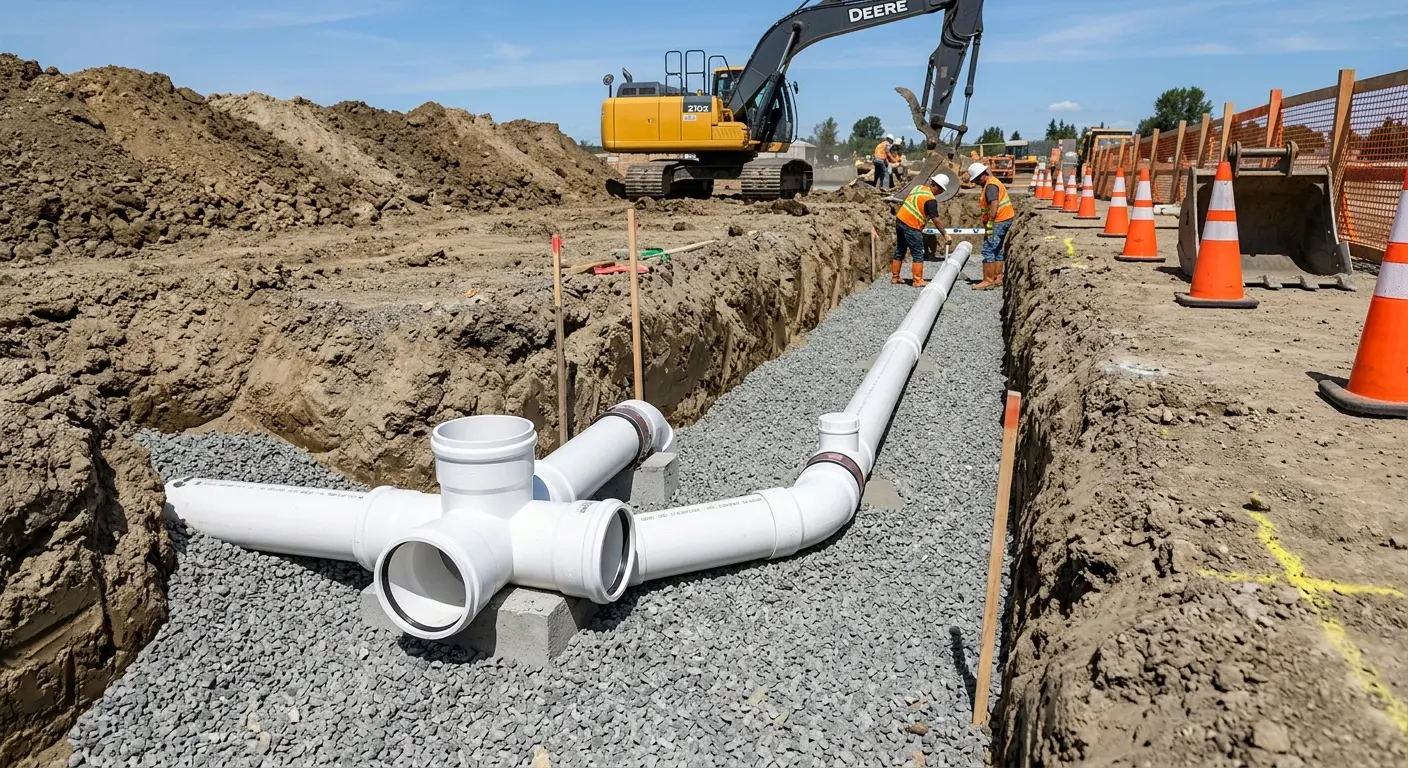 New PVC sewer pipe installation in open trench for Commercial Drain Cleaning in Sea Cliff